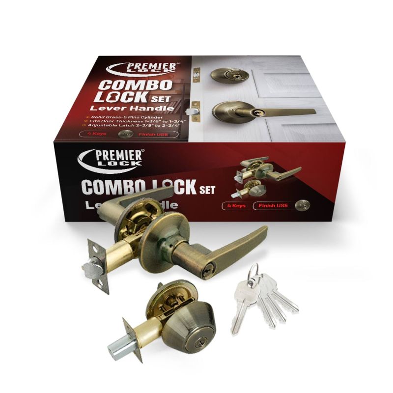 Antique Brass Entry Lock Set Lever Handle & Deadbolt Keyed Alike