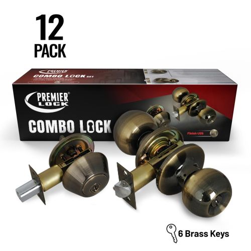 Antique Brass Entry Door Knob Combo Lockset with Deadbolt and 6-Keys, Keyed Alike (12-Pack)